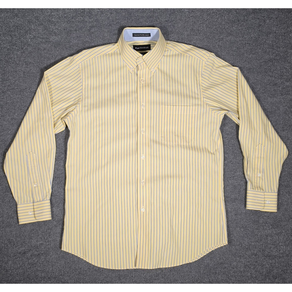 Paul Fredrick men's dress shirt in a yellow base with blue stripe pattern, size
